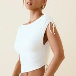 Asymmetric Ruched Cowl-Back Crop Top in Vanilla - Image 3