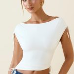 Asymmetric Ruched Cowl-Back Crop Top in Vanilla - Image 4