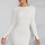 Long Sleeve Embellished Backless Mini Dress in Ivory