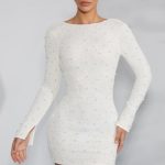 Long Sleeve Embellished Backless Mini Dress in Ivory - Image 5