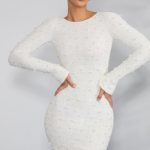 Long Sleeve Embellished Backless Mini Dress in Ivory - Image 8