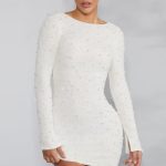 Long Sleeve Embellished Backless Mini Dress in Ivory - Image 9