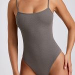 Ribbed Modal Square Neck Bodysuit in Grey - Image 4