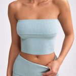 Bandeau Chunky Knit Crop Top in Dusty Teal - Image 4
