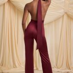 Scarf-Detail Halterneck Jumpsuit in Wine Red - Image 2