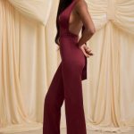 Scarf-Detail Halterneck Jumpsuit in Wine Red - Image 3