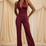 Scarf-Detail Halterneck Jumpsuit in Wine Red - Image 5