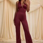 Scarf-Detail Halterneck Jumpsuit in Wine Red - Image 6