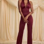 Scarf-Detail Halterneck Jumpsuit in Wine Red - Image 7