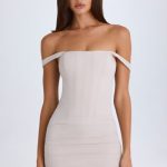 Off-Shoulder Corset Mini Dress in Taupe - Image 9