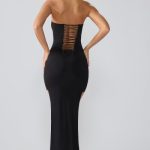 Premium Jersey Lace Up Back Mini Dress with Train in Black - Image 2