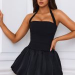 Halterneck Lace-Up Bubble Hem Corset Micro Mini Dress in Black