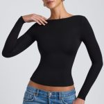 Modal High Neck Long Sleeve Open Back Top in Black - Image 2