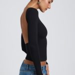 Modal High Neck Long Sleeve Open Back Top in Black - Image 3