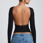 Modal High Neck Long Sleeve Open Back Top in Black - Image 4