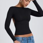 Modal High Neck Long Sleeve Open Back Top in Black - Image 5