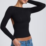 Modal High Neck Long Sleeve Open Back Top in Black - Image 6