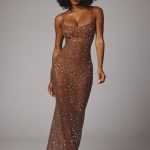 Sheer Embellished Scoop Neck Evening Gown in Mocha - Image 8