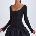 Scoop-Neck Drop-Waist Bubble Hem Mini Dress in Black