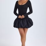 Scoop-Neck Drop-Waist Bubble Hem Mini Dress in Black - Image 2
