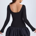 Scoop-Neck Drop-Waist Bubble Hem Mini Dress in Black - Image 3