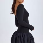 Scoop-Neck Drop-Waist Bubble Hem Mini Dress in Black - Image 4