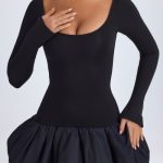 Scoop-Neck Drop-Waist Bubble Hem Mini Dress in Black - Image 5