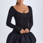 Scoop-Neck Drop-Waist Bubble Hem Mini Dress in Black - Image 6
