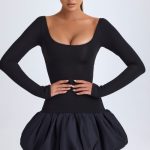 Scoop-Neck Drop-Waist Bubble Hem Mini Dress in Black - Image 7