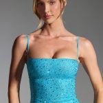 Embellished Square-Neck Top in Aqua Blue