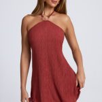 Hardware Detail Open-Back Halterneck Micro Mini Dress in Auburn Brown