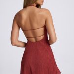 Hardware Detail Open-Back Halterneck Micro Mini Dress in Auburn Brown - Image 2