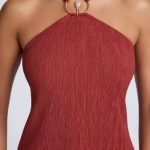Hardware Detail Open-Back Halterneck Micro Mini Dress in Auburn Brown - Image 4