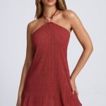 Hardware Detail Open-Back Halterneck Micro Mini Dress in Auburn Brown - Image 6