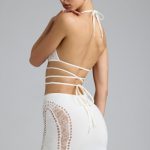 Embellished Cross-Strap Bikini Top in Ivory