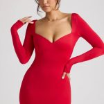 Long Sleeve Sweetheart Neckline Mini Dress in Fire Red - Image 2