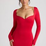 Long Sleeve Sweetheart Neckline Mini Dress in Fire Red - Image 5