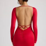 Long Sleeve Sweetheart Neckline Mini Dress in Fire Red - Image 7