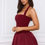 Halterneck Lace-Up Bubble Hem Corset Micro Mini Dress in Berry Red - Image 3