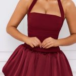 Halterneck Lace-Up Bubble Hem Corset Micro Mini Dress in Berry Red - Image 4