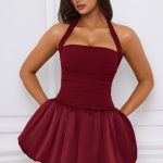 Halterneck Lace-Up Bubble Hem Corset Micro Mini Dress in Berry Red - Image 6