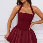 Halterneck Lace-Up Bubble Hem Corset Micro Mini Dress in Berry Red - Image 7