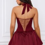 Halterneck Lace-Up Bubble Hem Corset Micro Mini Dress in Berry Red - Image 8