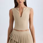 Layered Pleated Low-Rise Mini Skirt in Camel