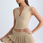 Layered Pleated Low-Rise Mini Skirt in Camel - Image 2