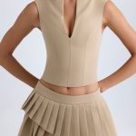 Layered Pleated Low-Rise Mini Skirt in Camel - Image 5
