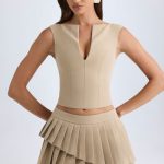 Layered Pleated Low-Rise Mini Skirt in Camel - Image 7