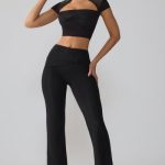 Mesh Mid Rise Twist Overlay Flare Trousers in Black