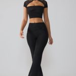 Mesh Mid Rise Twist Overlay Flare Trousers in Black - Image 4