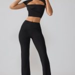 Mesh Mid Rise Twist Overlay Flare Trousers in Black - Image 6